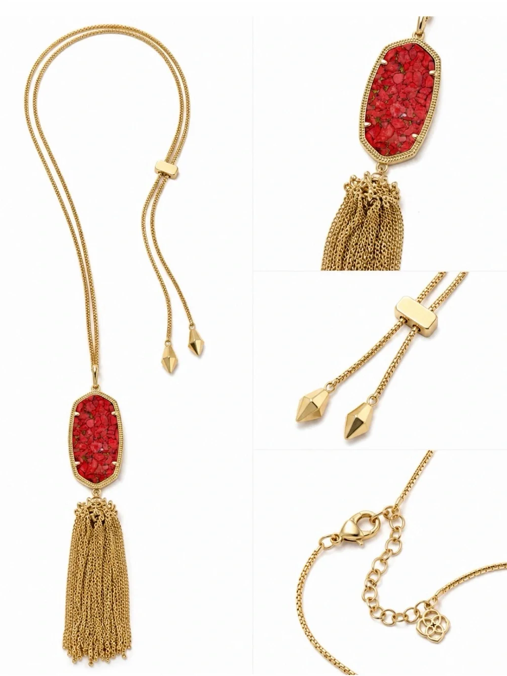 Kendra Scott Rayne Gold Long Tassel Necklace – Red/Coral Composite Stone